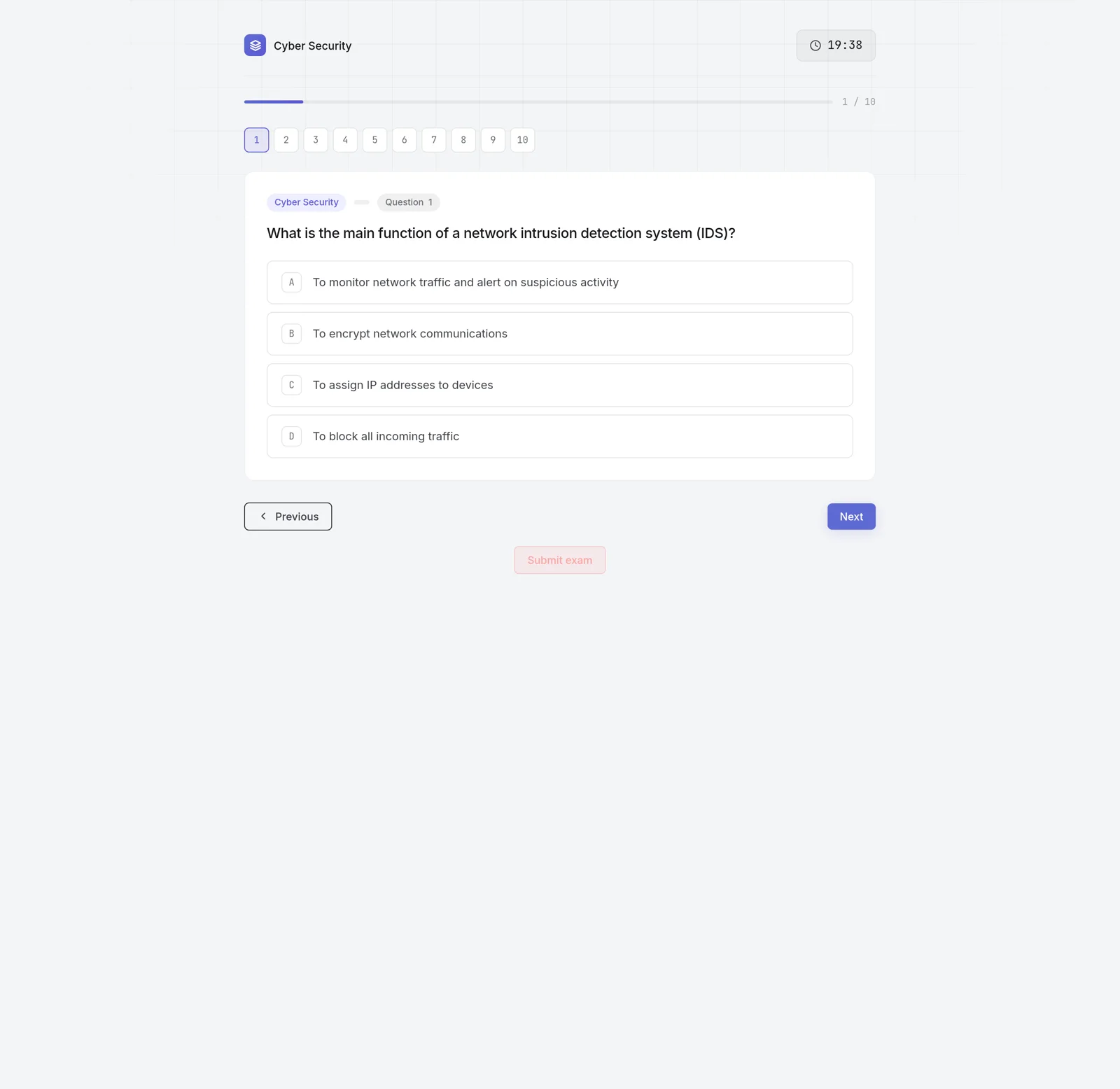 A candidate answering a Cyber Security question. The question reads: what is the main function of a network intrusion detection system. Four options are listed, and the timer in the top right shows 19 minutes 38 seconds remaining.